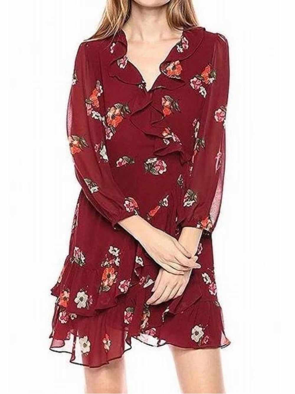 Astr Burgundy Floral Ruffle Wrap Dress